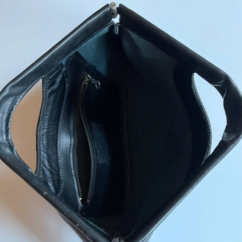 Vintage Black Genuine Leather Double Hinged Clutch with Cut Out Handle